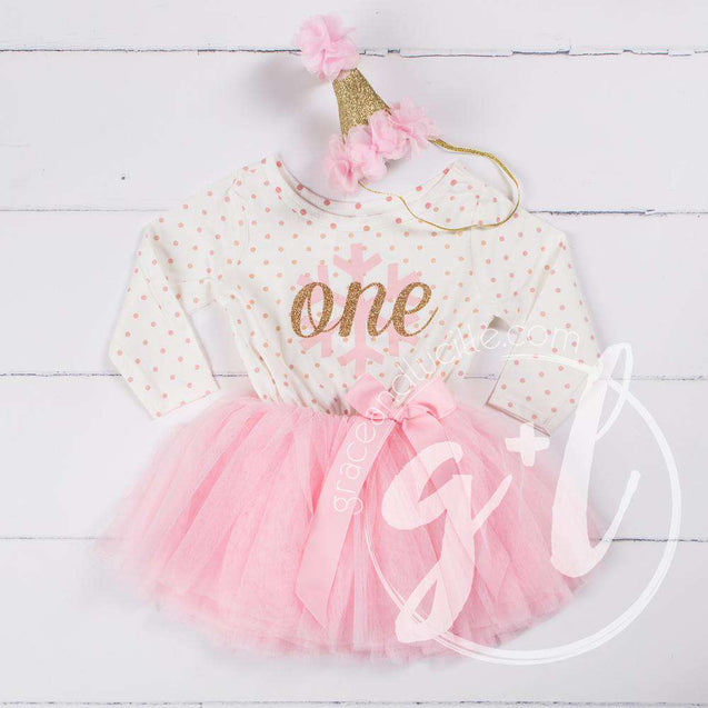1st Birthday Christmas Outfit Pink Snowflake Gold "ONE" Pink Polka Dot Long Sleeve Tutu Dress & Pink Party Hat - Grace and Lucille