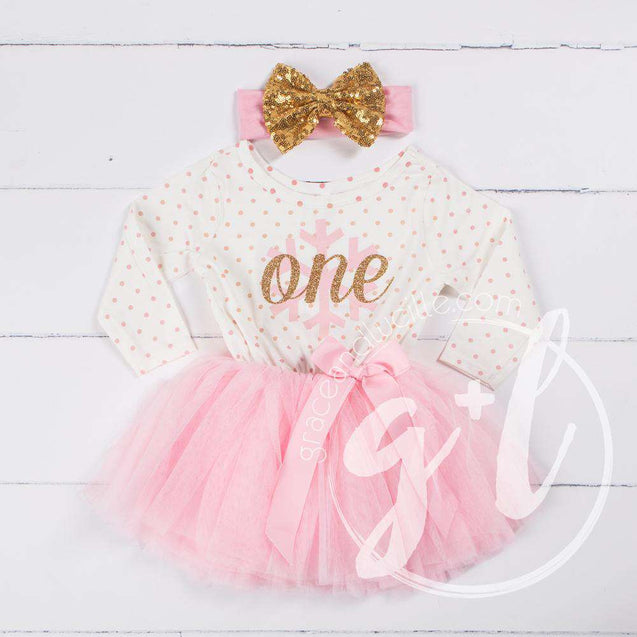 1st Birthday Christmas Outfit Pink Snowflake Gold "ONE" Polka Dot Long Sleeve Tutu Dress with Bow Headband - Grace and Lucille