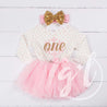 1st Birthday Christmas Outfit Pink Snowflake Gold "ONE" Polka Dot Long Sleeve Tutu Dress with Bow Headband - Grace and Lucille