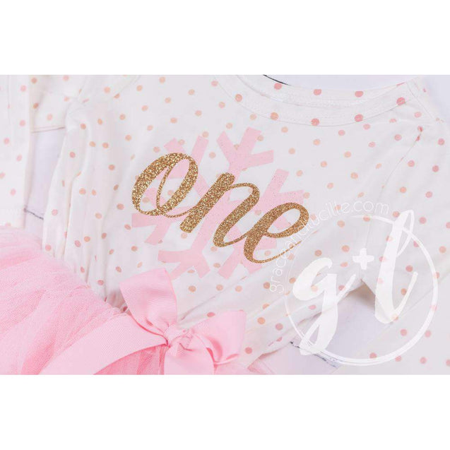 1st Birthday Christmas Outfit Pink Snowflake Gold "ONE" Polka Dot Long Sleeve Tutu Dress with Bow Headband - Grace and Lucille