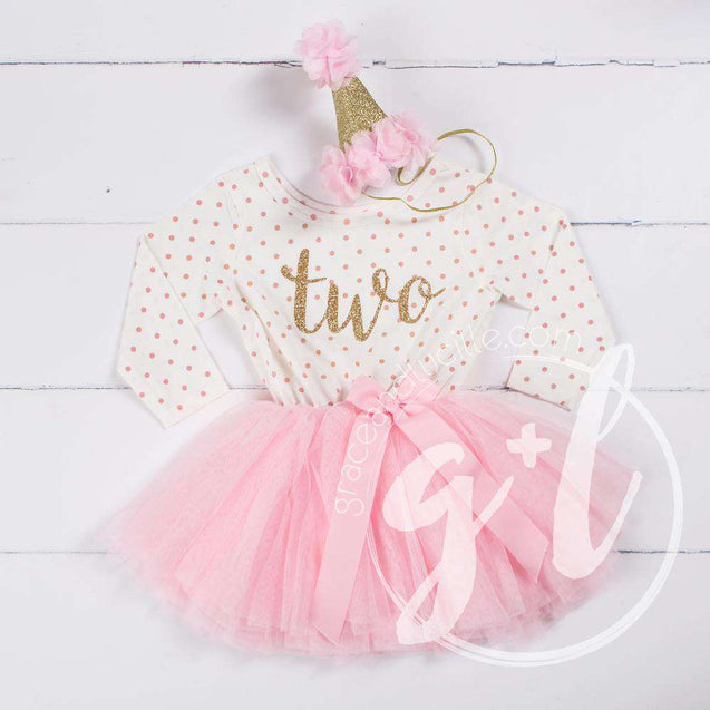 2nd Birthday Outfit Gold Script "TWO" Pink Polka Dot Long Sleeve Tutu Dress & Pink Party Hat - Grace and Lucille
