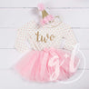 2nd Birthday Outfit Gold Script "TWO" Pink Polka Dot Long Sleeve Tutu Dress & Pink Party Hat - Grace and Lucille