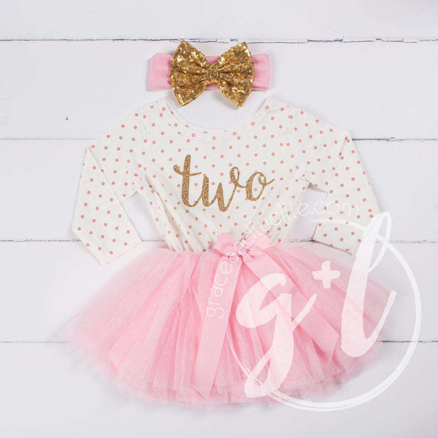 2nd Birthday Outfit Gold Script "TWO" Pink Polka Dot Long Sleeve Tutu Dress with Pink & Gold Headband - Grace and Lucille