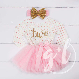 2nd Birthday Outfit Gold Script "TWO" Pink Polka Dot Long Sleeve Tutu Dress with Pink & Gold Headband - Grace and Lucille