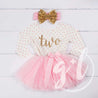 2nd Birthday Outfit Gold Script "TWO" Pink Polka Dot Long Sleeve Tutu Dress with Pink & Gold Headband - Grace and Lucille