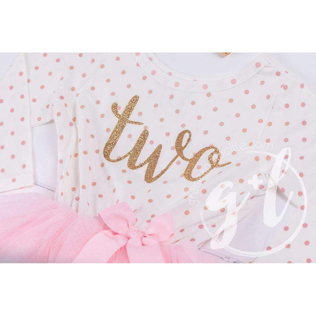 2nd Birthday Outfit Gold Script "TWO" Pink Polka Dot Long Sleeve Tutu Dress with Pink & Gold Headband - Grace and Lucille