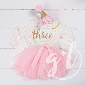 3rd Birthday Outfit Gold Script "THREE" Pink Polka Dot Long Sleeve Tutu Dress & Pink Party Hat - Grace and Lucille