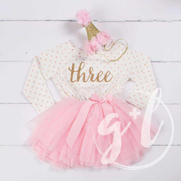 3rd Birthday Outfit Gold Script "THREE" Pink Polka Dot Long Sleeve Tutu Dress & Pink Party Hat - Grace and Lucille