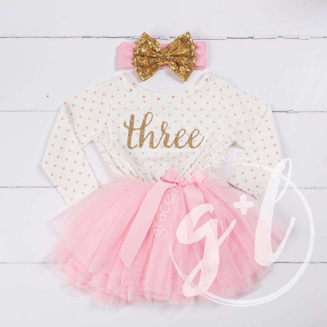 3rd Birthday Outfit Gold Script "THREE" Pink Polka Dot Long Sleeve Tutu Dress with Pink & Gold Headband - Grace and Lucille