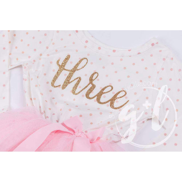 3rd Birthday Outfit Gold Script "THREE" Pink Polka Dot Long Sleeve Tutu Dress with Pink & Gold Headband - Grace and Lucille