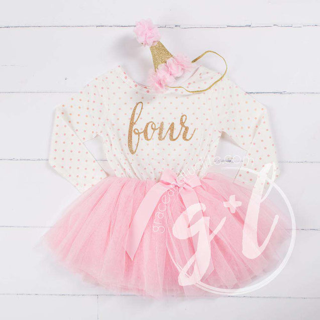 4th Birthday Outfit Gold Script "FOUR" Pink Polka Dot Long Sleeve Tutu Dress & Pink Party Hat - Grace and Lucille