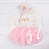 4th Birthday Outfit Gold Script "FOUR" Pink Polka Dot Long Sleeve Tutu Dress & Pink Party Hat - Grace and Lucille
