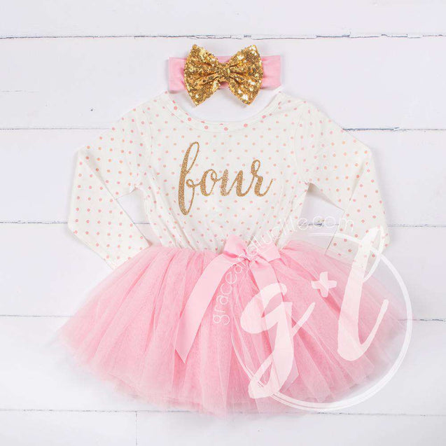 4th Birthday Outfit Gold Script "FOUR" Pink Polka Dot Long Sleeve Tutu Dress with Pink & Gold Headband - Grace and Lucille