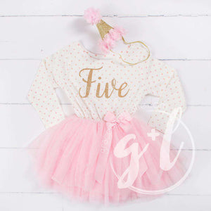 5th Birthday Outfit Gold Script "FIVE" Pink Polka Dot Long Sleeve Tutu Dress & Pink Party Hat - Grace and Lucille