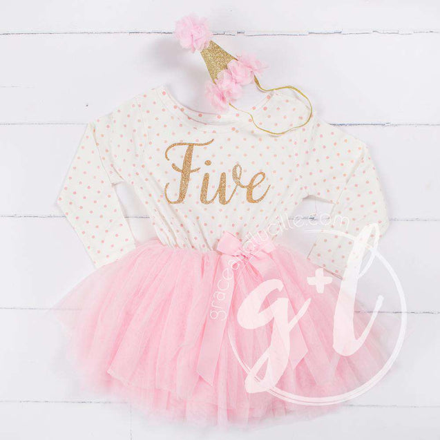 5th Birthday Outfit Gold Script "FIVE" Pink Polka Dot Long Sleeve Tutu Dress & Pink Party Hat - Grace and Lucille