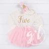 5th Birthday Outfit Gold Script "FIVE" Pink Polka Dot Long Sleeve Tutu Dress & Pink Party Hat - Grace and Lucille