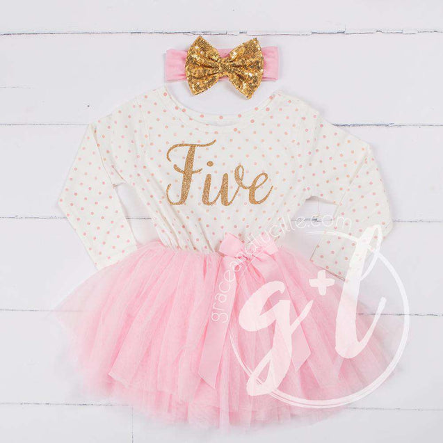 5th Birthday Outfit Gold Script "FIVE" Pink Polka Dot Long Sleeve Tutu Dress with Pink & Gold Headband - Grace and Lucille