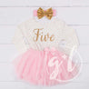 5th Birthday Outfit Gold Script "FIVE" Pink Polka Dot Long Sleeve Tutu Dress with Pink & Gold Headband - Grace and Lucille