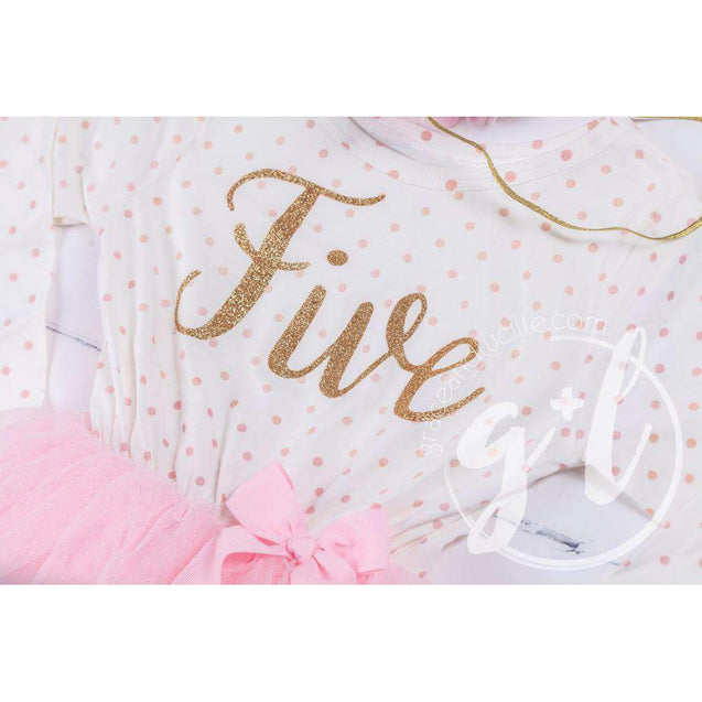 5th Birthday Outfit Gold Script "FIVE" Pink Polka Dot Long Sleeve Tutu Dress with Pink & Gold Headband - Grace and Lucille