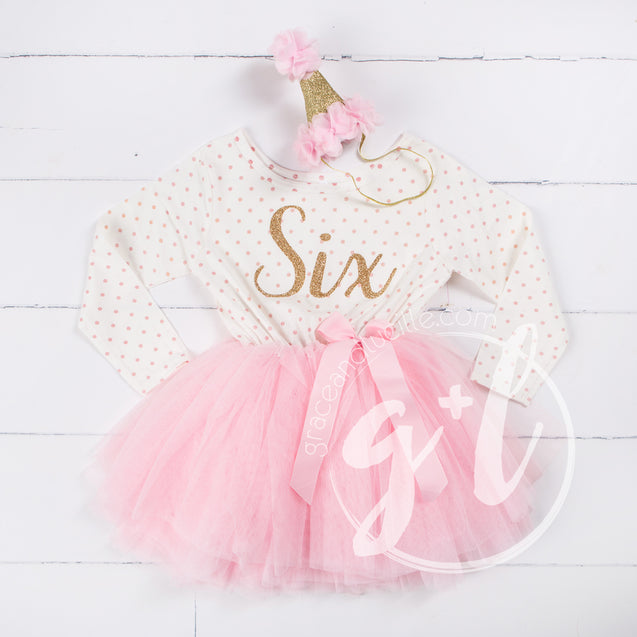 6th Birthday Outfit Gold Script "SIX" Pink Polka Dot Long Sleeve Tutu Dress & Pink Party Hat - Grace and Lucille