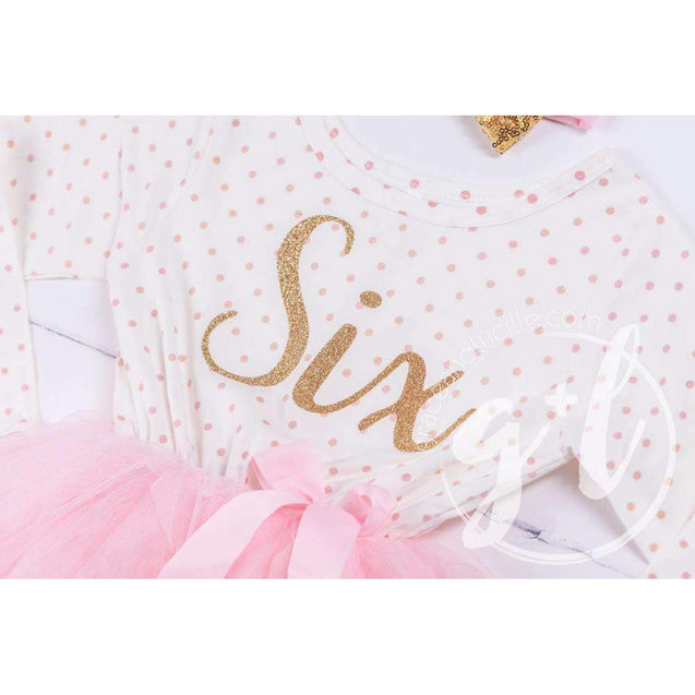 6th Birthday Outfit Gold Script "SIX" Pink Polka Dot Long Sleeve Tutu Dress & Pink Party Hat - Grace and Lucille