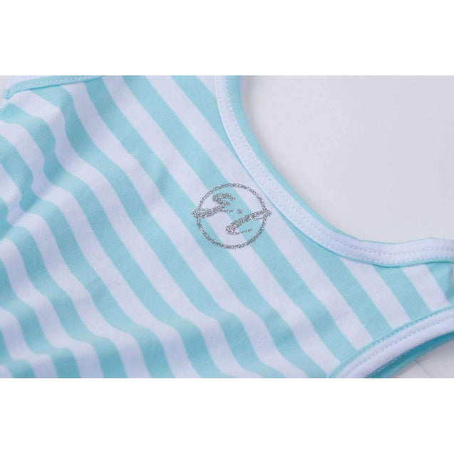 3rd Birthday Dress Silver Script "THREE" Aqua Striped Long Sleeves - Grace and Lucille