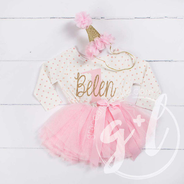 1st Birthday Outfit "Her Name" & "1" Pink Polka Dot Long Sleeve Tutu Dress & Pink Party Hat - Grace and Lucille