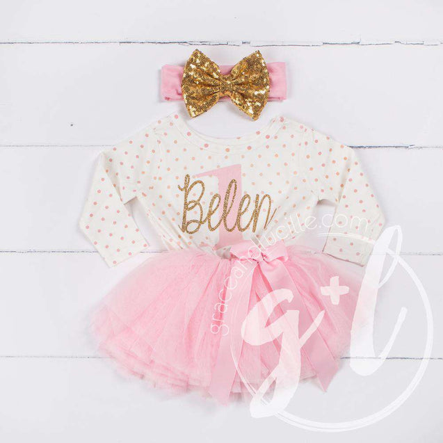 1st Birthday Outfit "Her Name" & "1" Pink Polka Dot Long Sleeve Tutu Dress Party with Pink & Gold Headband - Grace and Lucille