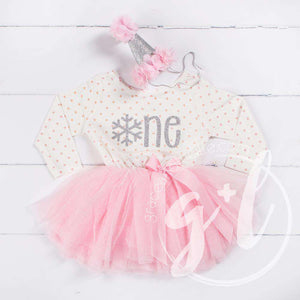 Winter Wonderland Snowflake Birthday Dress "HER AGE" Pink Polka Dot Long Sleeves - Grace and Lucille