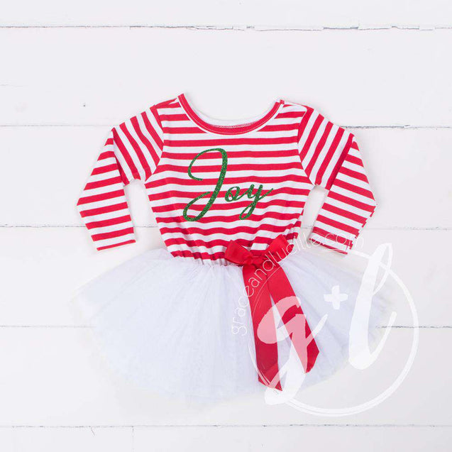 Christmas "JOY" Red Striped Tutu Dress Long Sleeves, Green JOY & 2-in-1 Bow Belt - Grace and Lucille