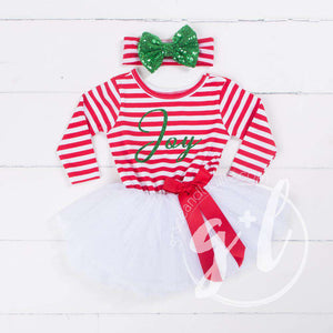 Christmas "JOY" Red Striped Tutu Dress Long Sleeves, Green JOY & Green Bow on Stripe Headband - Grace and Lucille