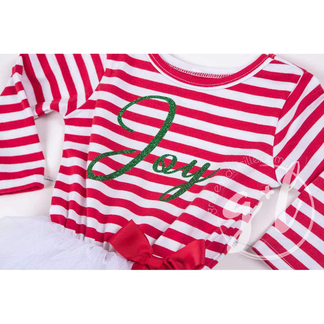 Christmas "JOY" Red Striped Tutu Dress Long Sleeves, Green JOY & 2-in-1 Bow Belt - Grace and Lucille