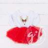 Rosie Reindeer Christmas Dress Red Tutu, White Long Sleeves & Red 2-in-1 Bow/Belt - Grace and Lucille