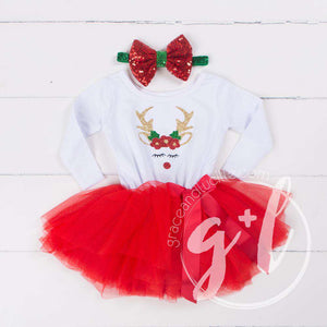 Rosie Reindeer Christmas Dress Red Tutu, White Long Sleeves & Red 2-in-1 Bow/Belt - Grace and Lucille