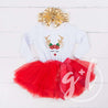 Rosie Reindeer Christmas Dress Red Tutu, White Long Sleeves & Gold Lame Headband - Grace and Lucille