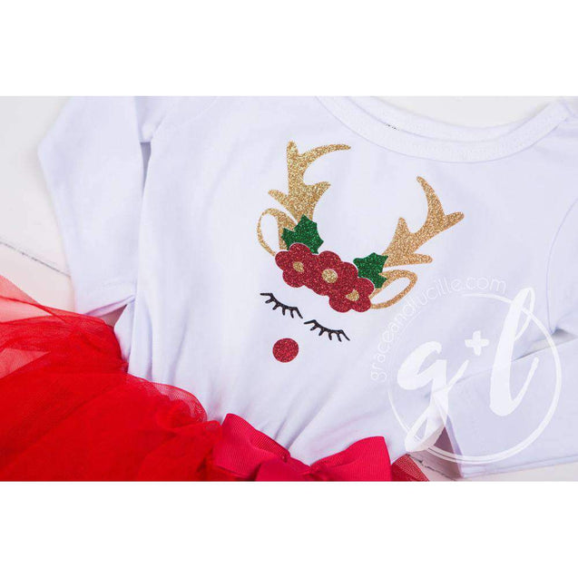 Rosie Reindeer Christmas Dress Red Tutu, White Long Sleeves & Gold Lame Headband - Grace and Lucille