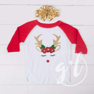 Rosie Reindeer Christmas Raglan Tee Shirt, White and Red & Gold Lame Headband - Grace and Lucille