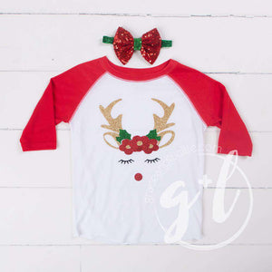 Rosie Reindeer Christmas Raglan Tee Shirt, White and Red with Red 2-in-1 Bow/Belt - Grace and Lucille