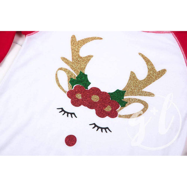 Rosie Reindeer Christmas Raglan Tee Shirt, White and Red with Red 2-in-1 Bow/Belt - Grace and Lucille