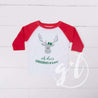 "Oh deer, Christmas is here!" Raglan Tee Shirt, White and Red with Red 2-in-1 Bow/Belt - Grace and Lucille