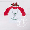 "Oh deer, Christmas is here!" Raglan Tee Shirt, White and Red with Red 2-in-1 Bow/Belt - Grace and Lucille