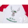 "Oh deer, Christmas is here!" Raglan Tee Shirt, White and Red with Red 2-in-1 Bow/Belt - Grace and Lucille