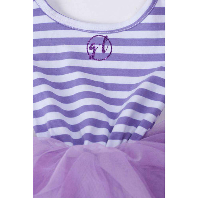 3rd Birthday Dress Purple Script "THREE" Purple Striped Long Sleeves - Grace and Lucille