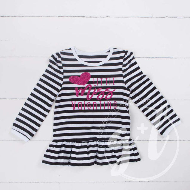 Little Miss Valentine Ruffled Hem Striped Top & Magenta Bow Headband - Grace and Lucille