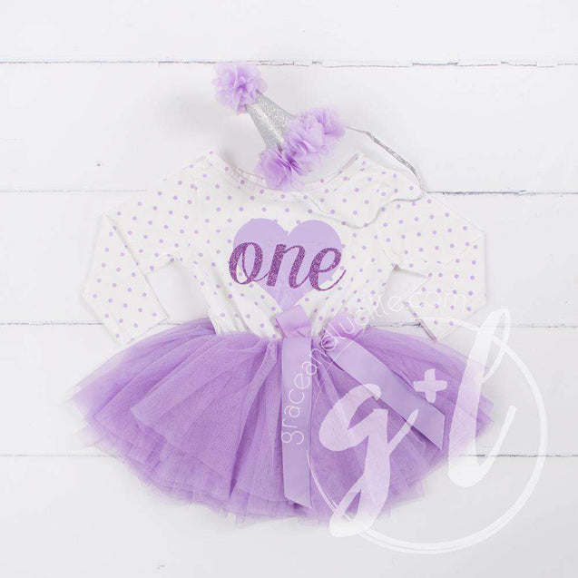 1st Birthday Outfit "ONE" Heart Purple Polka Dot Long Sleeve Dress & Purple/Silver Party Hat - Grace and Lucille