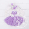 1st Birthday Outfit "ONE" Heart Purple Polka Dot Long Sleeve Dress & Purple/Silver Party Hat - Grace and Lucille