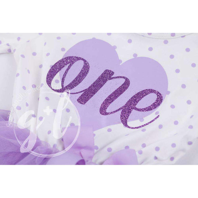 1st Birthday Outfit "ONE" Heart Purple Polka Dot Long Sleeve Dress & Purple/Silver Party Hat - Grace and Lucille
