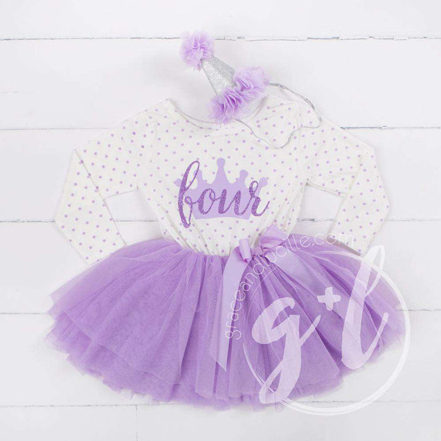1st Birthday Outfit "FOUR" Crown Purple Polka Dot Long Sleeve Dress & Purple/Silver Party Hat - Grace and Lucille