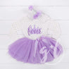 4th Birthday Outfit "FOUR" Crown Purple Polka Dot Long Sleeve Dress & Purple /Silver Party Hat - Grace and Lucille