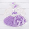 1st Birthday Outfit "FOUR" Crown Purple Polka Dot Long Sleeve Dress & Purple/Silver Party Hat - Grace and Lucille